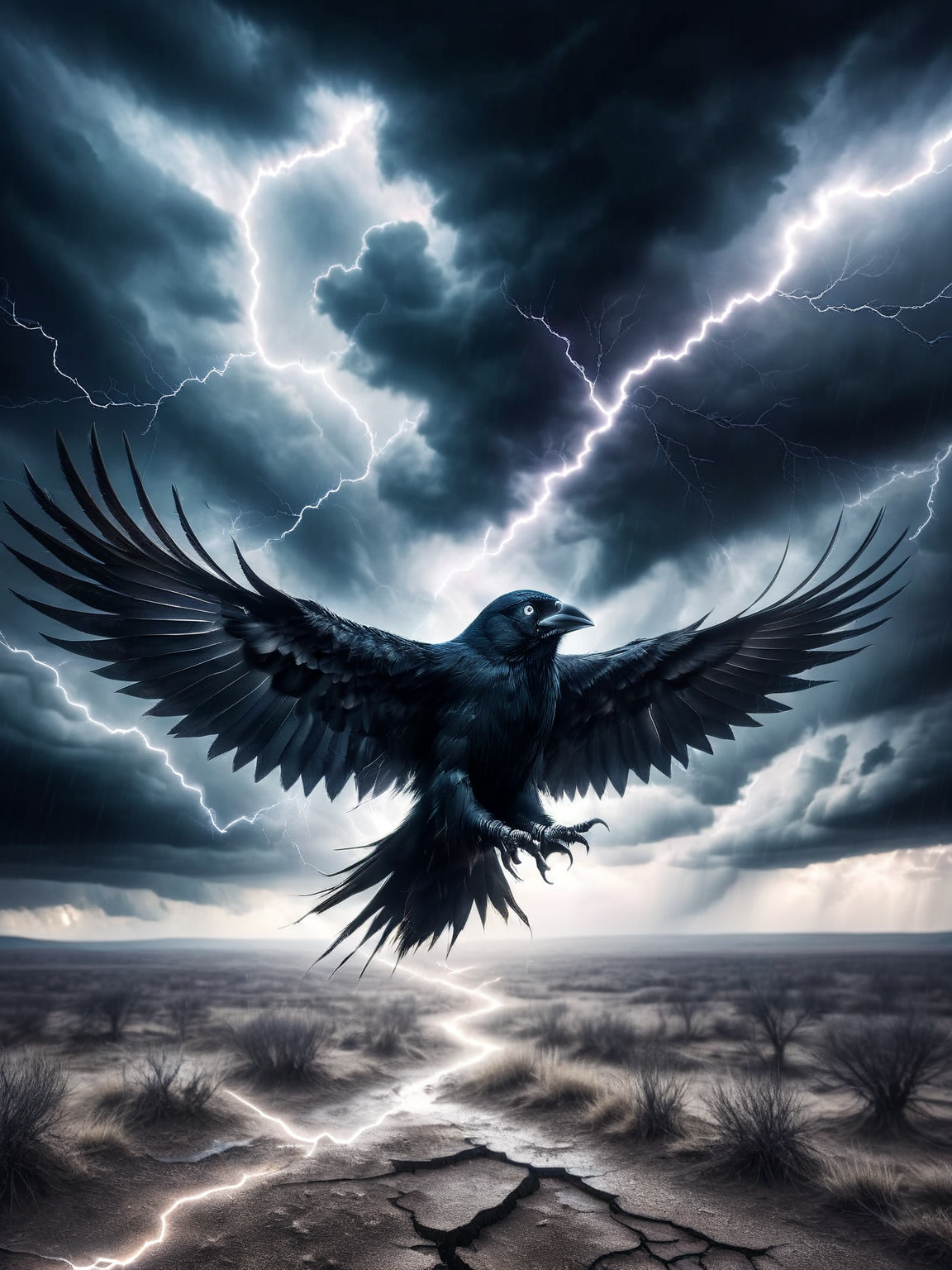 A solitary ais-crsd crow flying under a stormy sky, lightning illuminating its path over a desolate landscape. <lora:ais-crsd-sdxl:1>