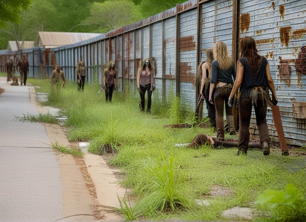 cinematic movie still of (zombies) at TWDAlexandriaWall, woodland, rusted metal, angled supports, old southern homes, dirty street, hyperdetailed, shallow depth of field, f1.4, film look, gamma 2.4 <lora:TWDAlexandriaWall:1>