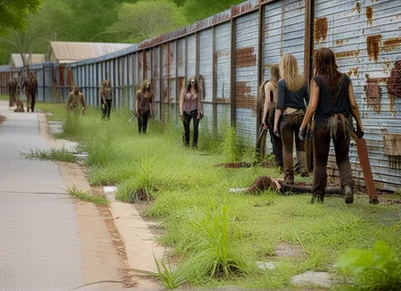 cinematic movie still of (zombies) at TWDAlexandriaWall, woodland, rusted metal, angled supports, old southern homes, dirty street, hyperdetailed, shallow depth of field, f1.4, film look, gamma 2.4 <lora:TWDAlexandriaWall:1>