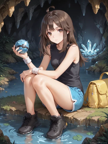 score_9,score_8_up,score_7_up,best quality,masterpiece,realistic eye,1girl,solo,<lora:Leaf_PonyXL:1>,1TRAINERLEAF1,BROWN HAIR,BROWN EYES,ahoge,2DEFAULT2,black SHIRT,SLEEVELESS SHIRT,white WRISTBANDS,blue shorts,black shoes,yellow bag,pokemon ball,<lora:kk_sexybody_01:0.8>,kk_sexybody_01,dark,cave,crystal,water,