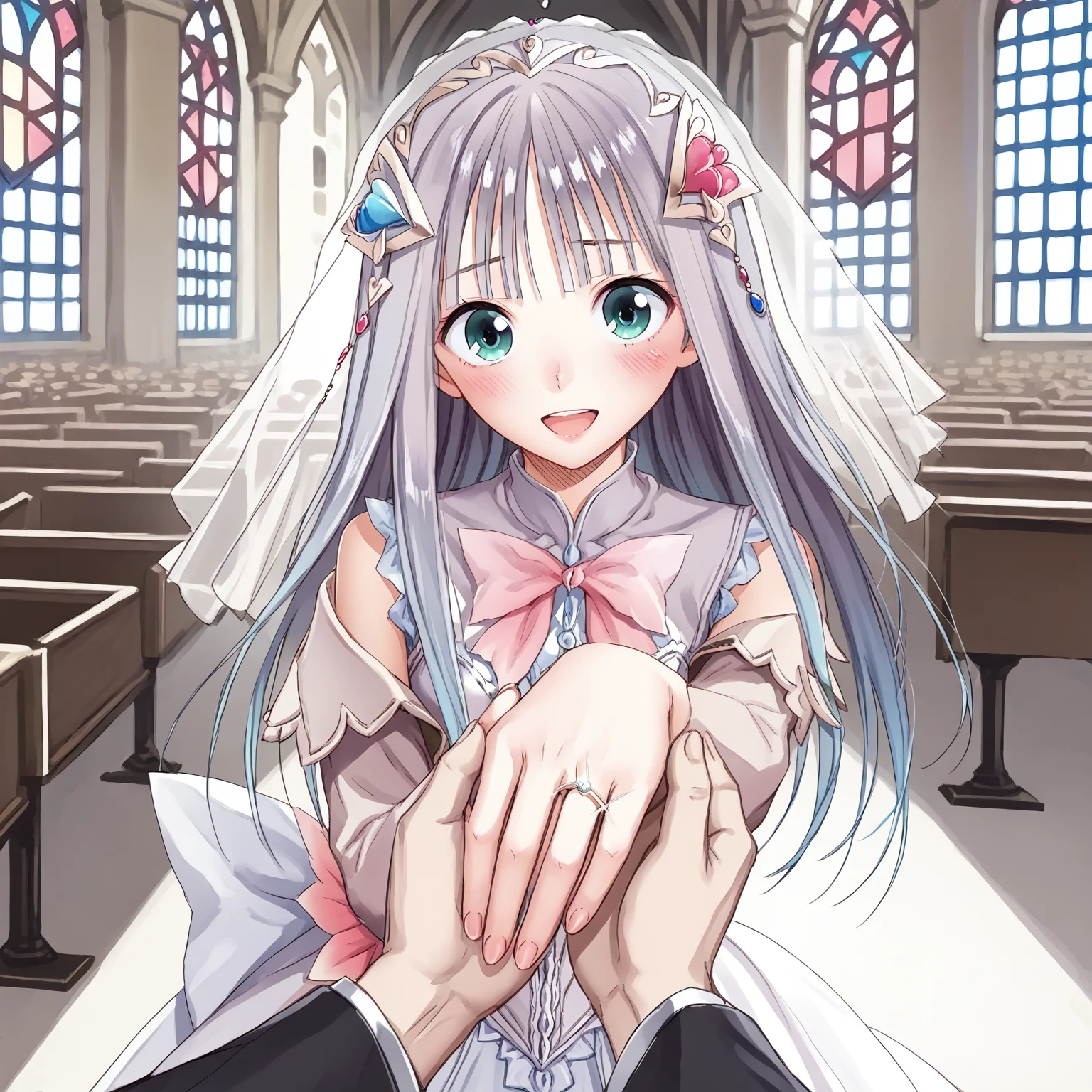 score_7_up, score_6_up, score_5_up, source_anime,
<lora:kishida.atelier.pony:1.1>, kishida, lulua, wedding dress, happy, blush,
inside a church,
<lora:wedding-ring-ponyxl-lora-nochekaiser:0.8>, wedding ring, marriage proposal, pov, pov hands, hand grab,