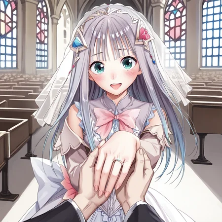 score_7_up, score_6_up, score_5_up, source_anime,
<lora:kishida.atelier.pony:1.1>, kishida, lulua, wedding dress, happy, blush,
inside a church,
<lora:wedding-ring-ponyxl-lora-nochekaiser:0.8>, wedding ring, marriage proposal, pov, pov hands, hand grab,