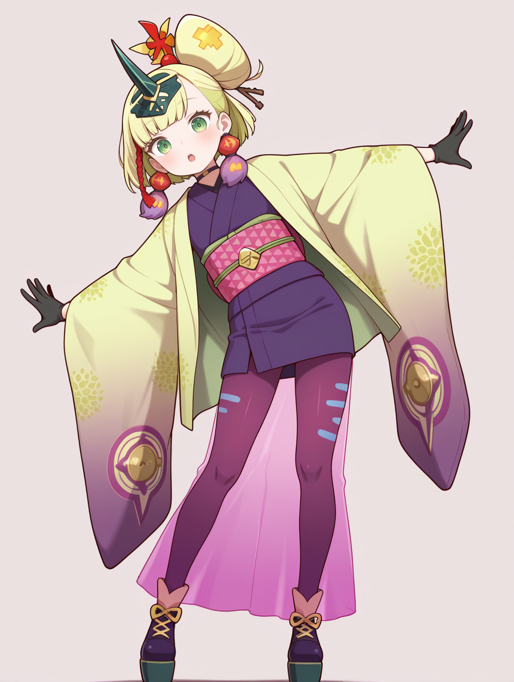 no-p.u.n.k. deer note, black gloves, solo, looking at viewer, 1girl, :o, leaning to the side, pink see-through long skirt, red hair ornament, purple tassel earrings, black horn headpiece, green haori, purple sleeveless kimono, pink sash, purple thighhighs, black platform footwear,standing, outstretched arms, 
masterpiece,best quality,amazing quality,very aesthetic,absurdres,newest,<lora:No-P.U.N.K. Deer Note illusXL v1:0.75>,