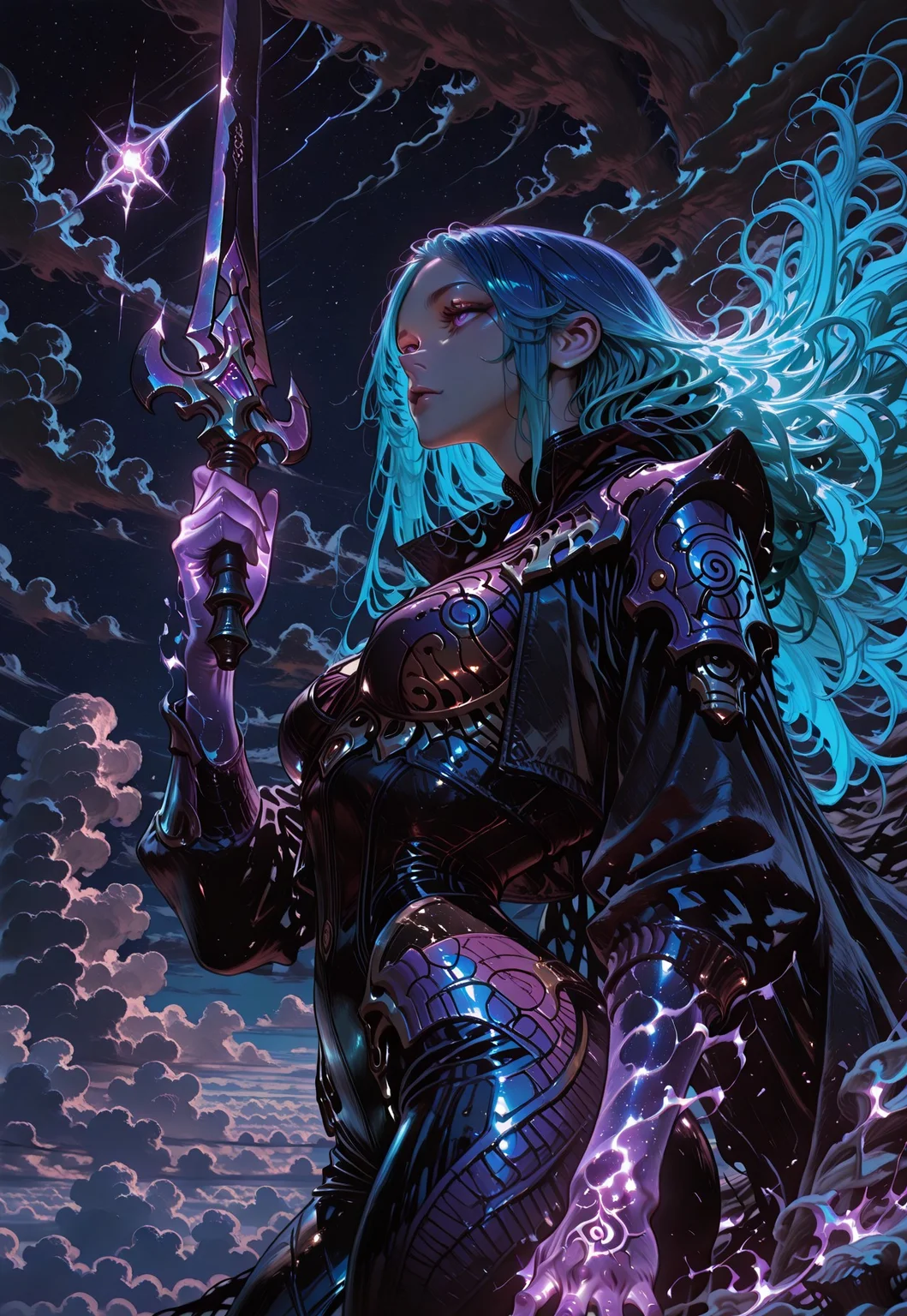 masterpiece, very aesthetic, absurdres, Hype4realistic, 8k, Smo0thL1nes, lazypos,
view of dark clouds, thick layer of dark clouds cover the ground, night,
solo, 1woman, from side, DS_Katarina, aqua blue hair, gradient hair, purple eyes, detailed eyes, looking up, right purple hand, glowing hand, (stabbing the sky with 1sword blade up, with right hand up to the sky, left hand resting to her side),
black chrome bodysuit, narrow waist, loose black cloak, fabric texture,
above the clouds, she flies up from the clouds, she emerges from the clouds,
, vivid_color, high contrast, speed lines, move_effects,