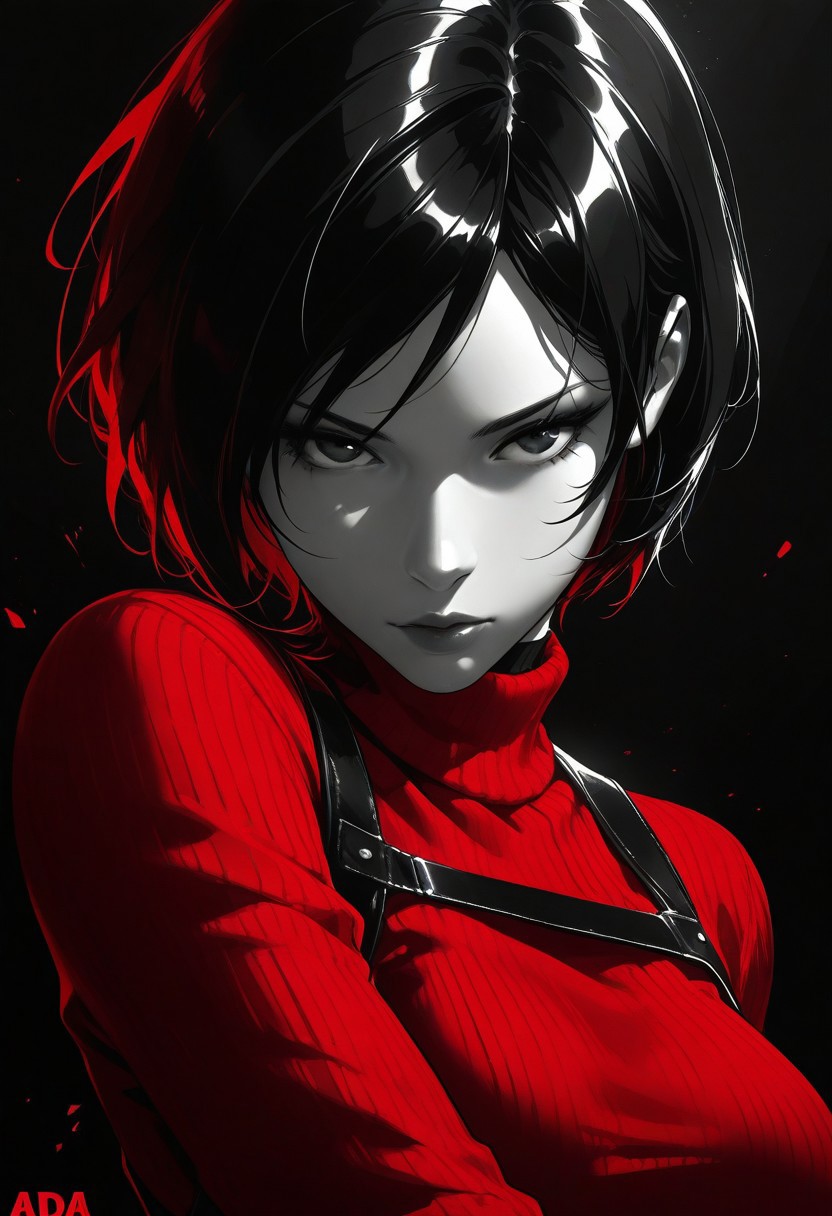 best quality, masterpiece, highly detailed,  
dark theme,
1girl, ada wong, monochrome, red color, red clothes, turtleneck, sweater, dynamic pose, close up,