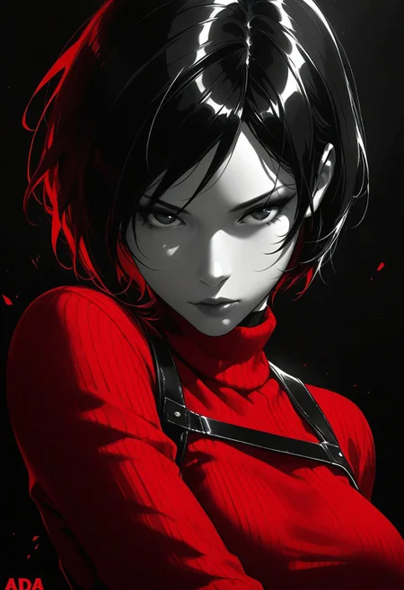 best quality, masterpiece, highly detailed,  
dark theme,
1girl, ada wong, monochrome, red color, red clothes, turtleneck, sweater, dynamic pose, close up,