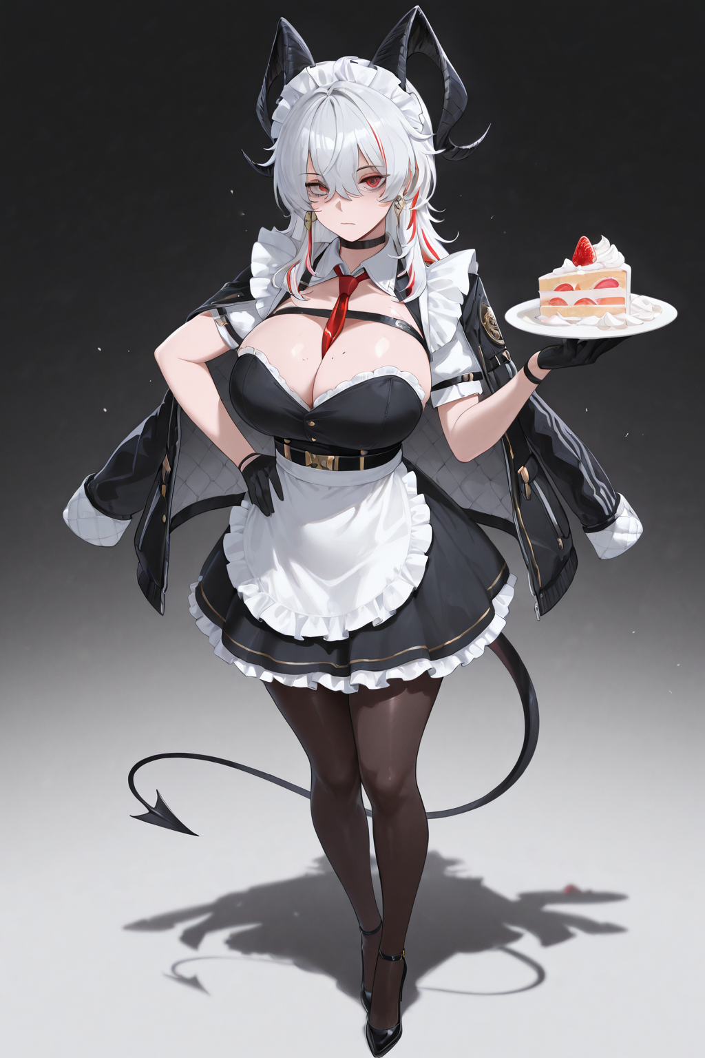 masterpiece,best quality,amazing quality,absurdres, <lora:Zani_Wuthering_Waves:1>, ZanDS, 1girl, alternate costume, apron, between breasts, black choker, black dress, black gloves, black horns, black jacket, black pantyhose, black shoes, black tail, breasts, cake, cake slice, choker, cleavage, closed mouth, curled horns, demon tail, dress, earrings, enmaided, food, fruit, full body, gloves, hair between eyes, hand on own hip, high heels, holding, holding plate, horns, jacket, jacket on shoulders, jewelry, key earrings, large breasts, looking at viewer, maid, mole on breast, multicolored hair, necktie, necktie between breasts, pantyhose, plate, red eyes, red necktie, shoes, solo, standing, strawberry, streaked hair, tail