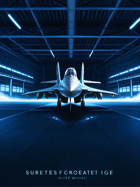 <lora:Su-27_Illustrious:1.1>,su-27 fighter jet, cover art, (english text,“Su‑27”:1.3), centered frontal view, dramatic low‑key lighting, metallic gleam, dust motes in dark hangar, dynamic perspective, thick vignette, concept illustration style, cinematic atmosphere, masterpiece, best quality, amazing quality