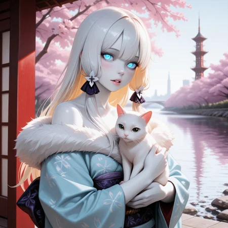 lazypos, perfect anatomy, absolutely eye-catching, ambient occlusion, amazing quality, best quality, very awa,
1girl, solo, Blushing, long hair, white hair, collored skin, white skin, pale skin, looking at viewer, parted lips, blonde hair, blue eyes, glowing eyes, cute, kimono, off shoulder's kimono, light blue kimono, fur trimmed kimono, holding cat, white cat, Cherry blossom tree, tower, river,
 <lora:super_secret_lora_not_released:2> <lora:TrendCraft_The_Peoples_Style_Detailer-v2.3I-4_15_2025-Illustrious:0.4>
