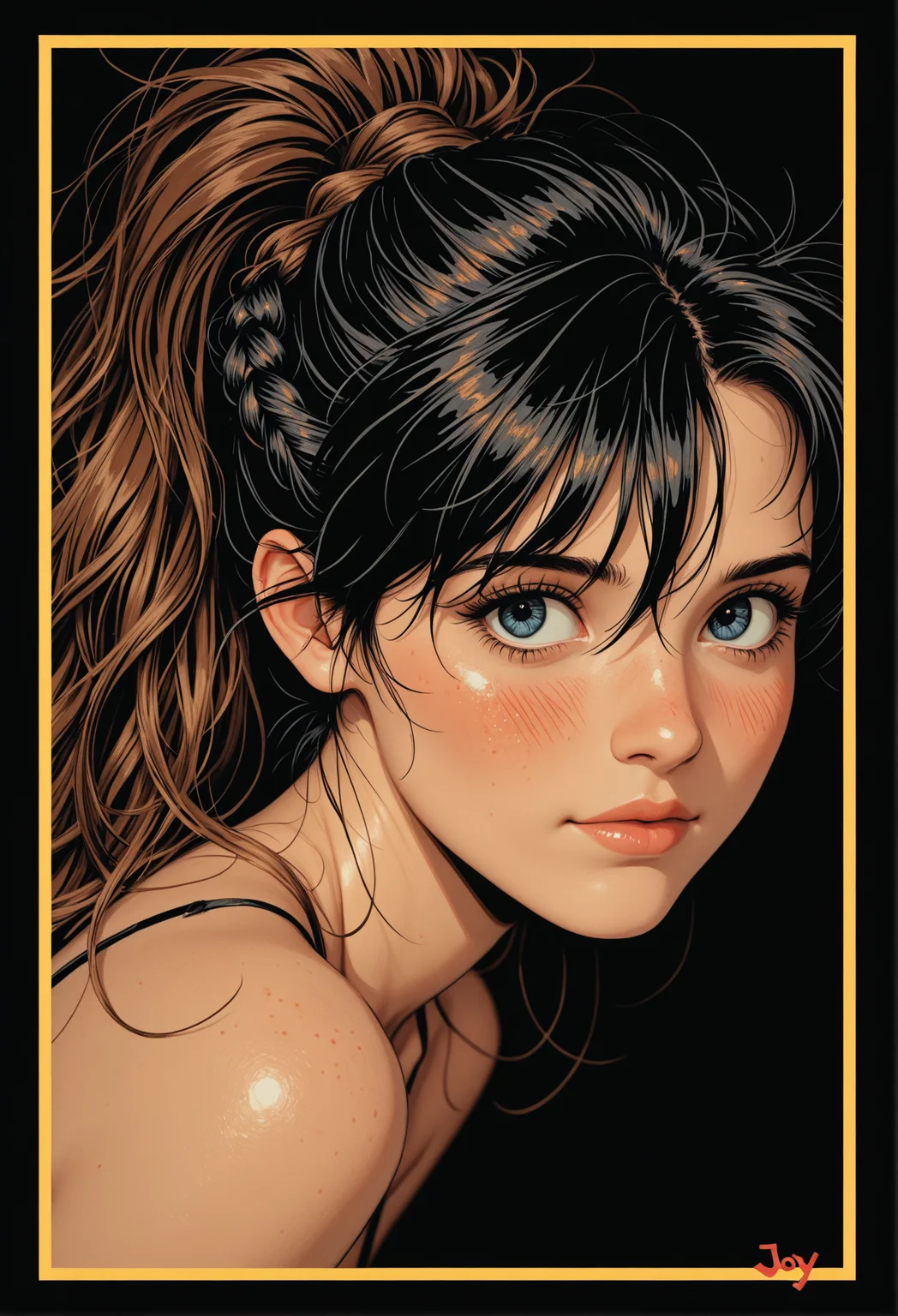 masterpiece, detailed_eyes, high_quality, best_quality, highres, subject_focus, depth_of_field,
woman, black_hair, brown_hair, asymmetrical_bangs, one_eye_visible, hair_between_eyes, ponytail, messy_hair, joy, messy_hairdo, hair_over_eyes, long_hair, french_braid, blue_eyes, blush, looking_at_viewer,
black_background, (frame_border),
retro, grunge, popart,
dutch_angle,