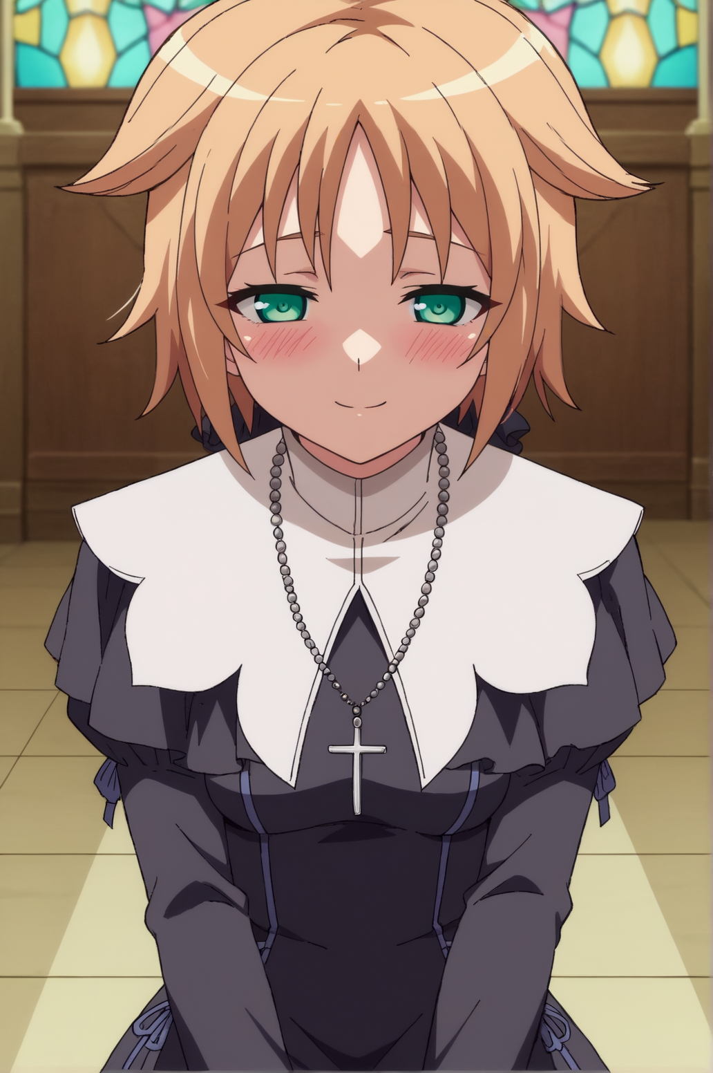score_9, score_8_up, score_7_up,anime_source, source_anime, best background, detailed background, anime screencap,  Teresa, 1girl, solo, traditional nun, black thighhighs, long sleeves,  seductive body, blush, light smile,  indoors,  <lora:JN_Teresa_Beria:0.8>