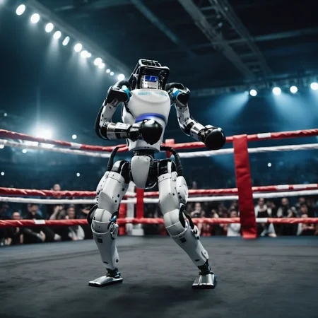cinematic photo robots wears boxinggloves, boxing on a ring in a crowded stadium  <lora:Atlas1024-000160:0.8> . 35mm photograph, film, bokeh, professional, 4k, highly detailed