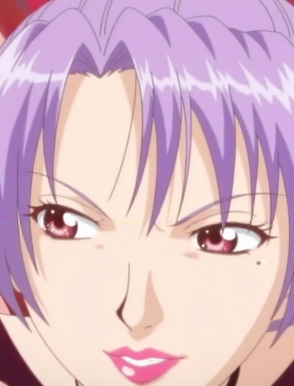 <lora:Demonic_Reina_Illustrious_from_Jiburiru_The_Devil_Angel:1>,demon wings,lipstick,mole,purple hair,demon girl,1 Girl,makeup,demonic reina,knee boots,anime coloring,anime screencap,close-up,