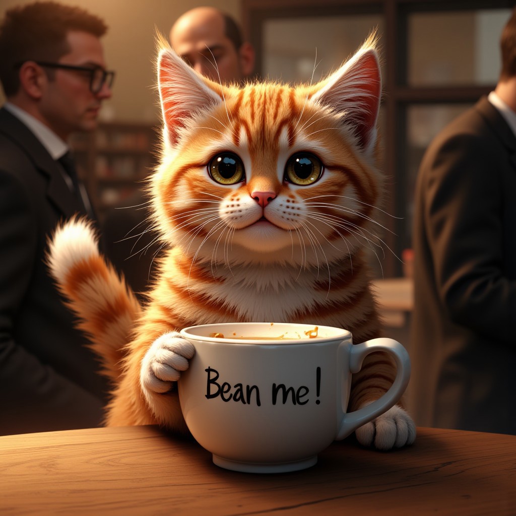 Hyper-realistic scene of a Cat. big cute eyes, looking at viewer, a Coffee mug one a Table, Text in Cup: "Bean me!", coffeeshop, very detailed, fluffy Cat, warm colors, fluffy tail,