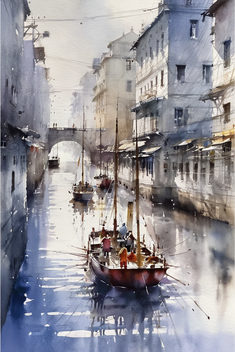 (Watercolor (Watercolor Masterpieces by Thomas Schaller:1.4)) Watercolor style painting,harbor,morning light,detail,atmosphere,epic,conceptual art,fog,pop art station,super detail,surrealism,visible paper texture,watercolor,wash,watercolor painting,<lora:Suzhou alley architecture:0.5>,suzhou,<lora:Watercolor _sdxl:1>, Watercolor style,