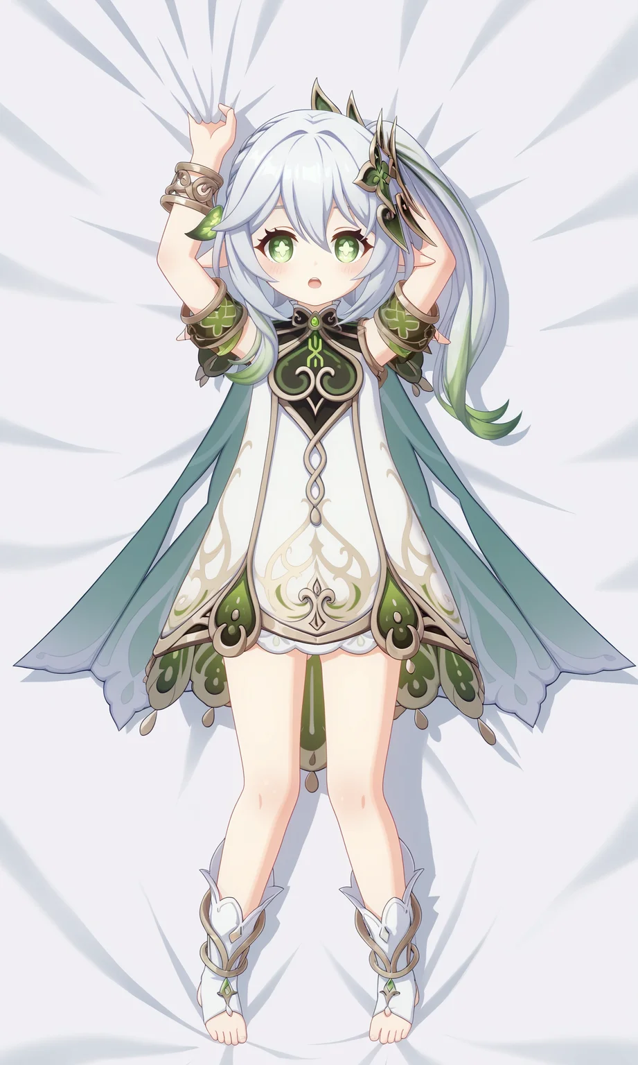nahida \(genshin impact\),1girl,solo,green eyes,side ponytail,pointy ears,bangs,looking at viewer,arms up,long hair,hair ornament,gradient hair,dress,cape,standing,white dress,hair between eyes,detached sleeves,bracelet,sidelocks,symbol-shaped pupils,jewelry,short sleeves,white hair,toeless legwear,open mouth,:o,on back,lying,white sheet,bed sheet,blush,full body,from above,