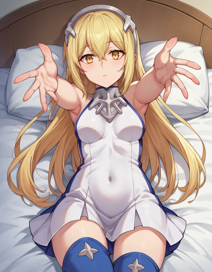 score_9, score_8_up, score_7_up, source_anime,
aizwallenstein, <lora:aiz-wallenstein-ponyxl-lora-nochekaiser:1>,
aiz wallenstein, blonde hair, hair between eyes, hairband, long hair, yellow eyes, sidelocks,
blue thighhighs, covered navel, dress, multicolored clothes, multicolored dress, taut clothes, taut dress, thighhighs,
indoors, bed, bed room, on back, arm support, arms up, incoming hug, pov, reaching, reaching towards viewer,
looking at viewer, dutch angle, cowboy shot,