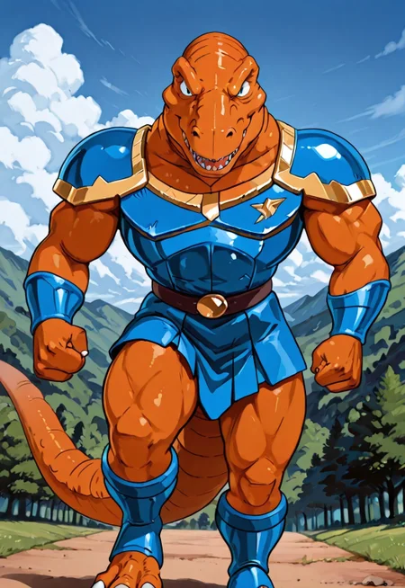 score_9, score_8 up, score_7, 8K, In'ei, traditional animation cel, perfect depth of field shot, beautiful, sharp focus, crisp details, 90s animation, masterclass animation, photographic realism, source_anime, orange tyrannosaurus rex-anthro wearing blue roman armor, roman centurion armor, gladiator armor, blue chest armor, blue stomach armor
orange tyrannosaus-rex anthro, dinosaucers, extreme dinosaurs, muscular, dinosaur, trex, blue lorica musculata, blue Pteruges, blue roman armor skirt, blue greaves, blue bracers, gold trim on armor, perfect proportions, long tail, orange skin, orange scales, 
exterior, detailed anime sky with clouds, dynamic action, bent leg, nature, in the style of the cartoon Dinosaucers, 80s cartoon, punch, black linework with flat anime color, heroic pose, smiling, three toes per foot