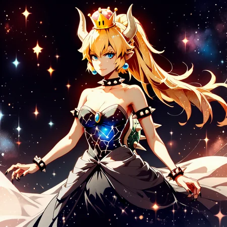 score_9, score_8_up, score_7_up, score_6_up, score_5_up, score_4_up, source_anime, <lora:Starry_Morph_PonyXL:1> starry_morph Bowsette from Mario,  <lora:add-detail-xl:0.8>, starry_morph dress, starry_morph hair