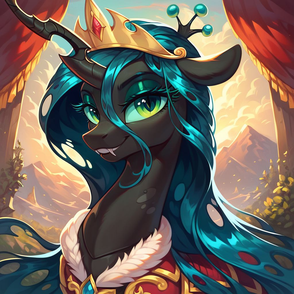 masterpiece, score_9, score_8_up, score_7_up, (best quality:1.1), ultra-detailed, high resolution, 1character,  Queen chrysalis, (((beautiful detailed eyes))), Long eyelashes, Looking At Viewer, Highly Visible, (((8k))), Changeling, feral, MLP, G4,  from Equestria at War, female, portrait of a leader, Queen of the Changeling Lands, royal militaristic ruler's outfit, sharp focus, perfect lighting, beautiful eyes, detailed outfit, long eyelashes, anatomically correct, extremely detailed, (the mountain and the sea), shine on body, high detail, evil face, predatory smile, Expressiveh, detailed background, OverallDetail, zPDXL2