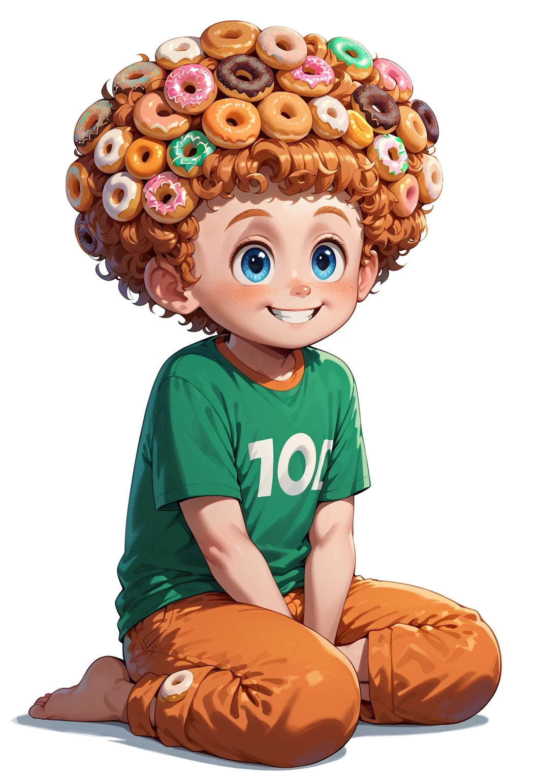 TangiriniStyle, , score_9, score_8_up, score_7_up, highly detailed, cute boy, 1boy, solo, Dennis, big curly Hair made of doughnuts, Blue Eyes, Freckles, Green shirt, Orange Shorts, sitting, big doughnuts tower, smiling,