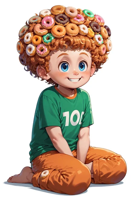 TangiriniStyle, , score_9, score_8_up, score_7_up, highly detailed, cute boy, 1boy, solo, Dennis, big curly Hair made of doughnuts, Blue Eyes, Freckles, Green shirt, Orange Shorts, sitting, big doughnuts tower, smiling,