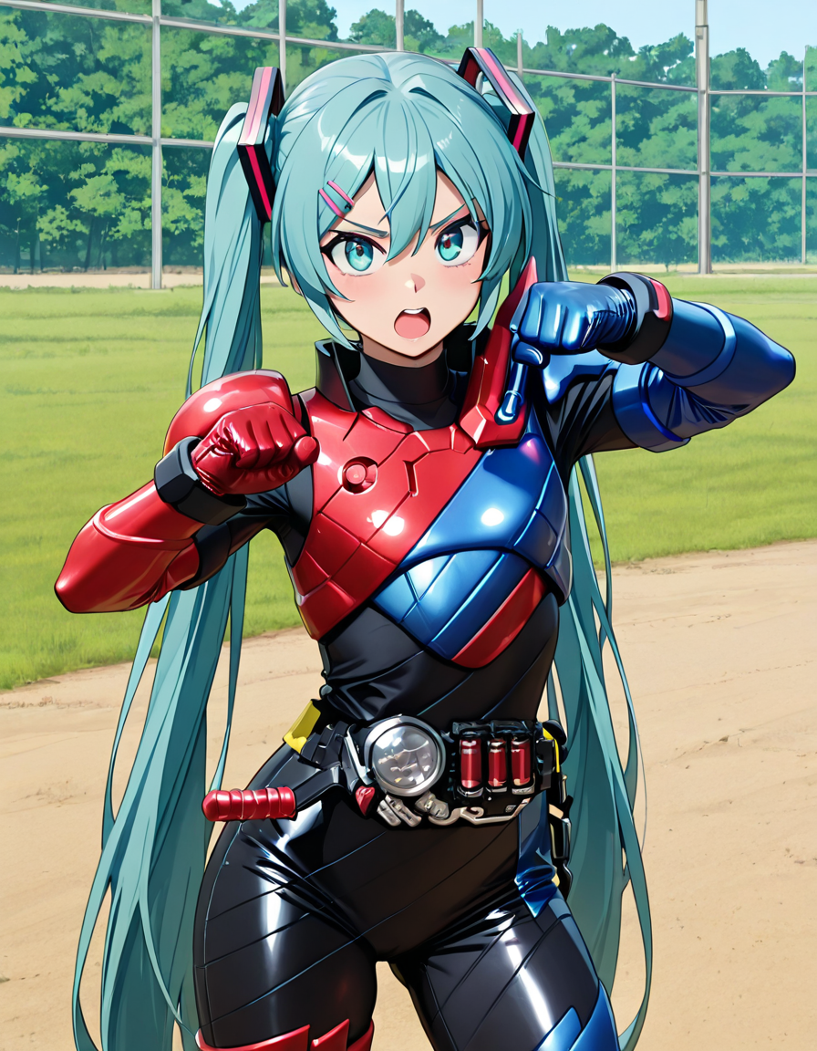 masterpiece, best quality, amazing quality, very aesthetic, absurdres, newest,shiny skin  (((anime screenshot:1))),  anime coloring,   hatsune miku,  twintails,  blue hair,  fighting stance,  hairclip  looking at viewer,  open mouth 1girl , flat chest, KRBUILD, robot, solo, KBUILDO armor, KBUILDO bodysuit, KBUILDO belt, KBUILDO holster, KBUILDO gloves, KBUILDO boots, helmetless   <lora:Kamen_Rider_Build_-_Masked_Rider_Build_ä»®é¢ã©ã¤ãã¼ãã«ã_16_in_1:1>