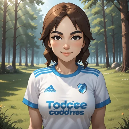 score_9, score_8, BREAK, solo, mii, wii u, wii sports club, female mii, 1girl, cute, brown hair, black eyebrows, black eyes, small nose, white skin, smile, blush, RiverPlate, striped shirt, striped, shirt, white shirt, short sleeves, clothes writing, sportswear, soccer uniform, breasts, Marit_(\Wii_Sports_Club\), Nintendo Mii, modern_mii, classic_mii, adult female, mature female, sexy pose, self portrait, smile, outdoors, sunlight, shadows, evening lighting, natural lighting, forest, trees, grass, orange sky, sunset