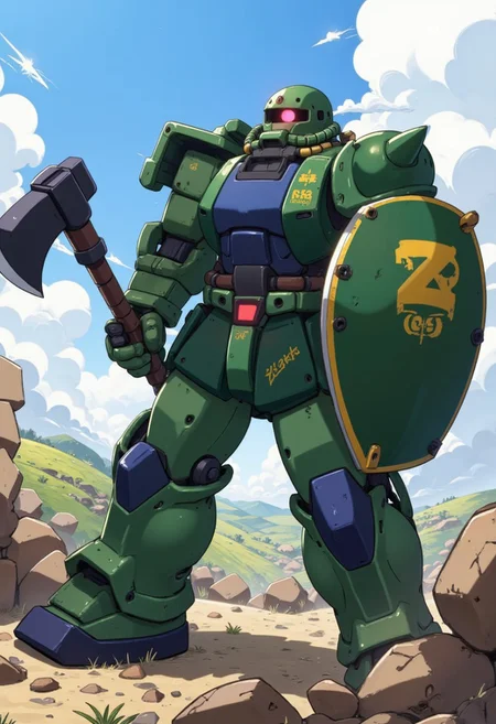 Create a dynamic and detailed illustration of a Zaku II mobile suit in the middle of combat. The MS-07B Gouf,(((mecha blue))) dressed in its iconic green and heavily armored exterior, (((axe in hand))), the mobile suit's bright red mono-eye glows brightly when focused on the target, adding a sense of intensity and menace to the scene . The MS-07B Gouf's armor shows signs of battle, with scratches, dents, and dirt collecting on its surface, reflecting its rugged durability. The huge shield strapped to his arm bears the Zeon insignia, further emphasizing his loyalty. Behind the MS-07B Gouf, the sky is clear and the landscape is a mix of hills and a distant horizon, which contrasts with the chaotic action in the foreground. The overall atmosphere is one of power and destruction, capturing the MS-07B Gouf as a fearsome war machine in the heat of battle.