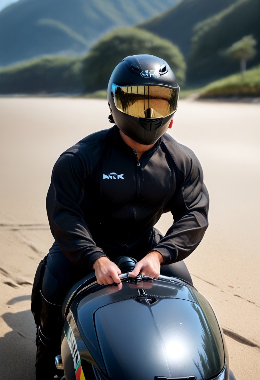 score_9, score_8_up, score_7_up, photo, photorealistic, rating_explicit, (solo:1.1), 1boy, muscular male, masculine male, (black glossy rubber full bodysuit, skintight:1.2), black rubber gloves, black rubber boots, abs, nipples, pecs, black motorcycle helmet with black tinted visor, proud, sweaty, outdoors beach, five digits, (driving a black motorcycle:1.2)