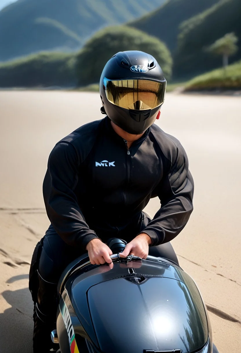 score_9, score_8_up, score_7_up, photo, photorealistic, rating_explicit, (solo:1.1), 1boy, muscular male, masculine male, (black glossy rubber full bodysuit, skintight:1.2), black rubber gloves, black rubber boots, abs, nipples, pecs, black motorcycle helmet with black tinted visor, proud, sweaty, outdoors beach, five digits, (driving a black motorcycle:1.2)