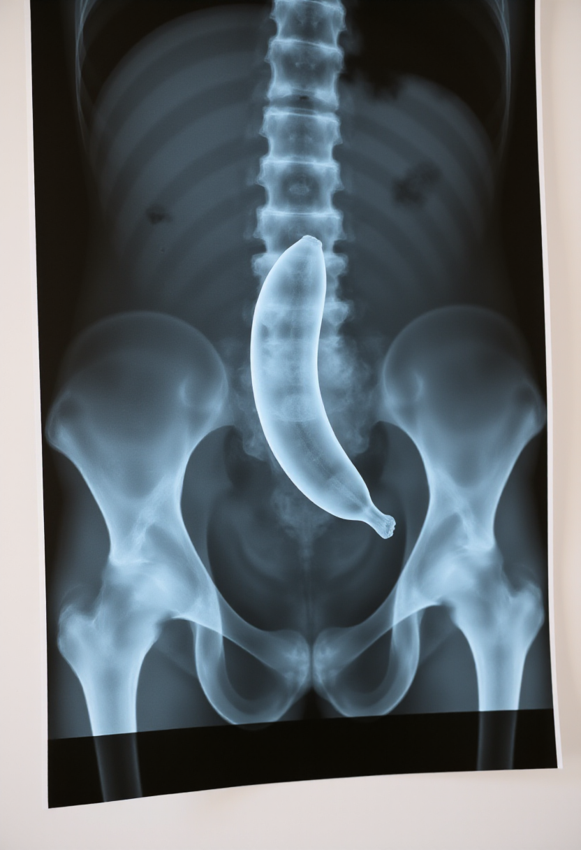 <lora:Rectal_X-Ray_Discoveries_FLUX:1>
Photograph of a medical X-ray print, showing the silhouette of a human body. In the center of the pelvis, the outline of a banana is visible.