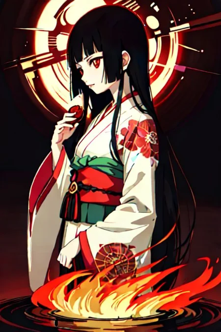 enma ai, hair down, hair black, bangs, eyes red, masterpiece, best quality, ultra-detailed, illustration, 1girl, solo, highres, photorealistic, ultra high res, (Original illustration composition), (fusion of limited color,Maximalism artstyle, kimono fashion, double exposure, background, illustration, Amazing, lily spider, night darkness, fire hell