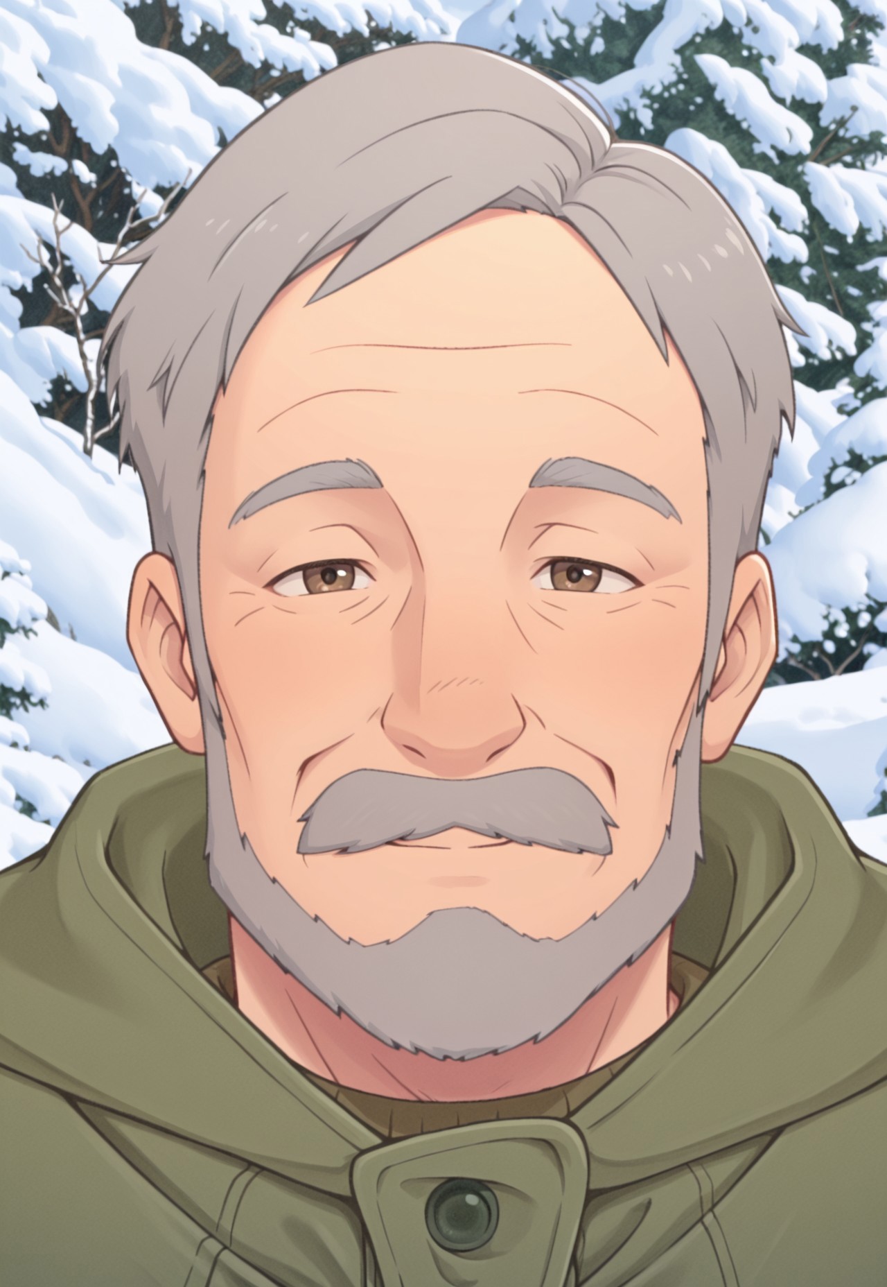 solo, masterpiece, detailed, ultra hd, best quality, 1boy, male, official art, w0lfc0nf, modern, new, masculine face, daddy looking face

PokemonAnnasGP, grey hair, mustache, old man, coat, looking at viewer, smiling, snow, headshot, portrait