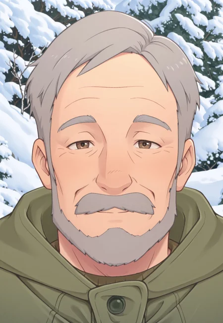 solo, masterpiece, detailed, ultra hd, best quality, 1boy, male, official art, w0lfc0nf, modern, new, masculine face, daddy looking face

PokemonAnnasGP, grey hair, mustache, old man, coat, looking at viewer, smiling, snow, headshot, portrait