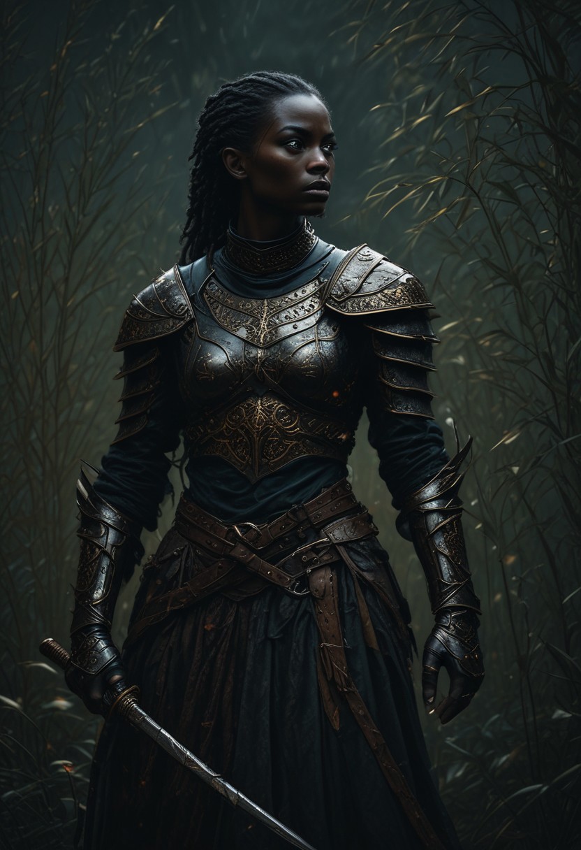 A hyper-realistic digital portrait of a dark-skinned female elf standing poised in a powerful Wing Chun stance amidst a dark, mystical reed-filled landscape, reminiscent of Ashley Wood's eerie and mystical art style. The reeds sway ominously in the background, as if sensing her impending movement, set against a subtle Dutch angle distortion of 20%. Her muscles are tense and coiled, ready to strike, casting a sense of foreboding and anticipation in this haunting and atmospheric scene. She is dressed in pauldrons and chainmail armor with a pleated gladiator kilt, adorned with intricate floral patterns in muted magenta, orange-gold and blue. Her sword, featuring a black hilt and a wide, chopping blade, is intricately engraved with symmetrical orange-gold designs that harmonize with the ornate patterns of her attire, emphasizing her poised yet lethal aura. The diffused lighting softly illuminates every detail, HD, 8K quality, ultra-detailed, masterpiece artwork, flawless anatomy.