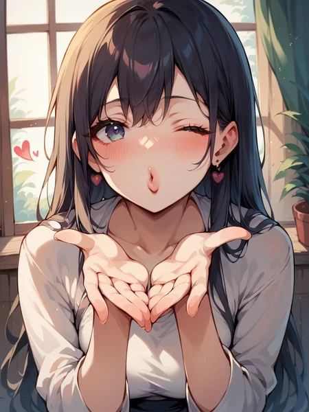score_9, score_8_up, score_7_up, score_6_up, 1girl, long hair, <lora:k1ss3sXLP:0.6> blowing kiss, k1ss3s, looking at viewer, heart, one eye closed, blush