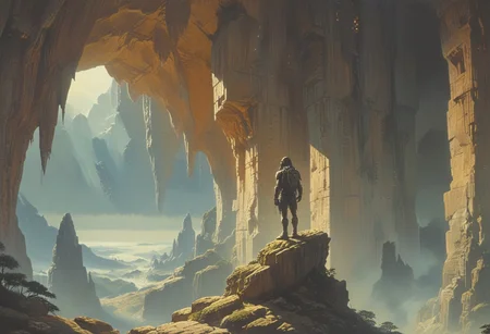 professional concept-art, fantasy scifi, wondrous view looking out a cave, that's situated halfway up a four mile high cliffside, the elevated position offering incredible depth of view, as you gaze out over the untamed jungles of the Predator's homeplanet,