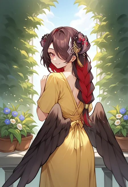 score_9, score_8_up, source_anime, 1girl, solo, Mamarissa, horns, hair ornament, hair flower, long hair, hair over one eye, single braid, multicolored hair, mole under eye, black wings, low wings, from behind, yellow sundress, garden, day, sunshine, smile, looking back, <lora:ChamMamarissaPonyXL:1>