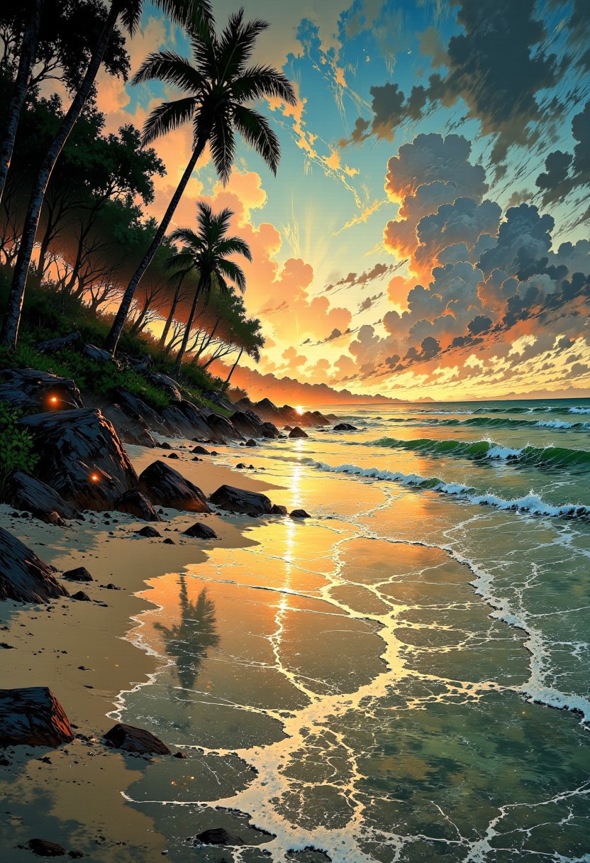 Caribbean Palm Grove Beach – Sunlit Coconut Trees & Glassy Water
"A peaceful Caribbean shoreline at sunset, where golden light filters through a grove of tall coconut trees. The warm glow casts long, dreamy shadows on the smooth sand, while the ocean reflects the soft, pastel colors of the evening sky. Gentle waves lap at the shore, leaving behind intricate patterns in the sand as the tide retreats."