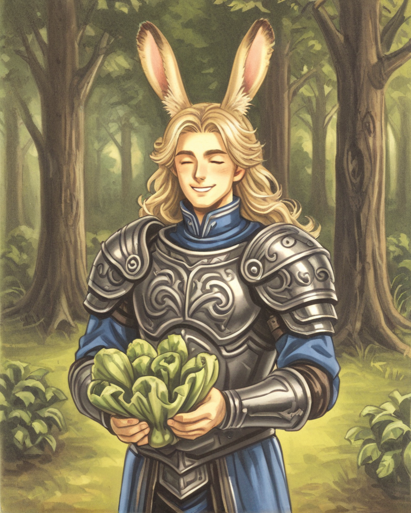 1boy, viera,solo, light blonde long hair, bunny ears, armor, closed eyes, smile, holding (cabbage:1.3), outside trees forrest, blue robes <lora:1picture_style2_ForPony:1>