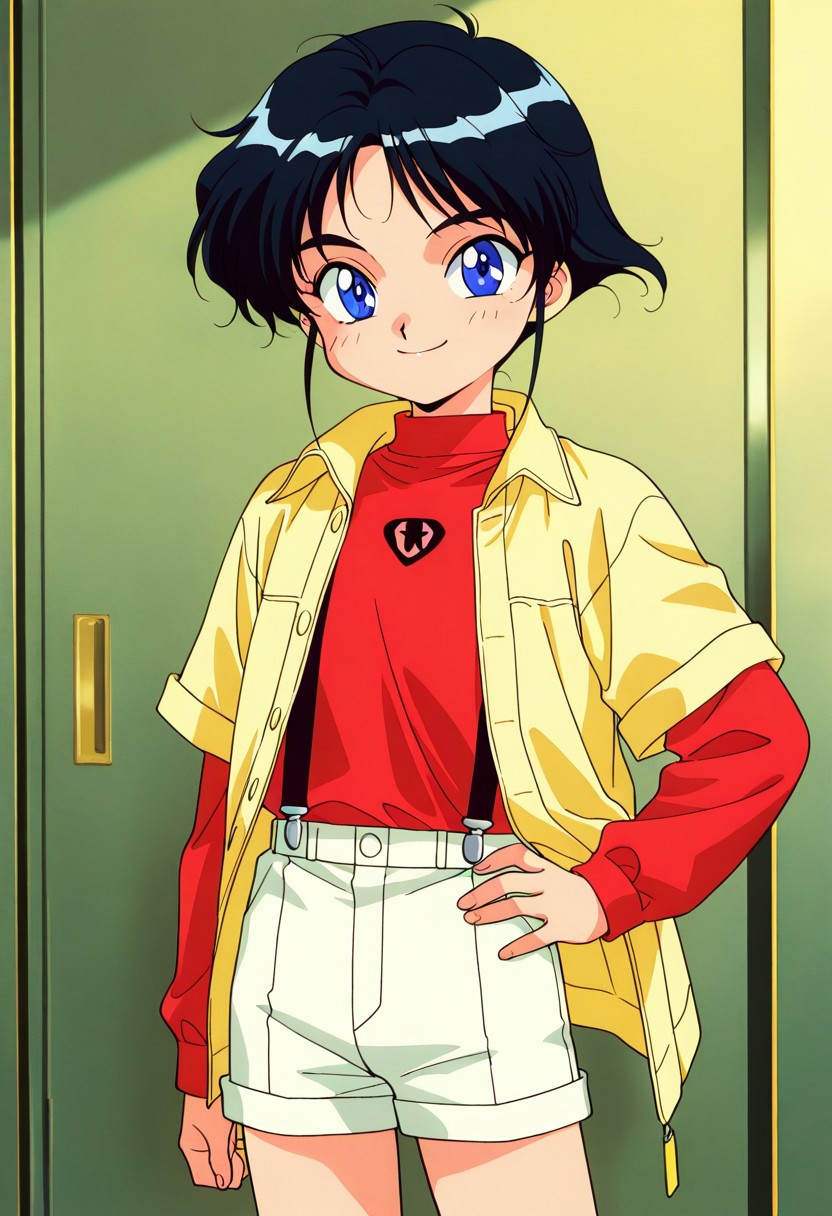 score_9, score_8_up, score_7_up, source_anime,masterpiece, best quality,1990s_(style),a cute_child,Yuuta_Tomonaga,solo, black_hair, short_hair, blue_eyes, yellow_jacket, red_shirt, long_sleeves, suspenders, shorts, (detailed face and eyes,smile),looking at viewer,(cowboy shot,hand on hip),indoor,livingroom