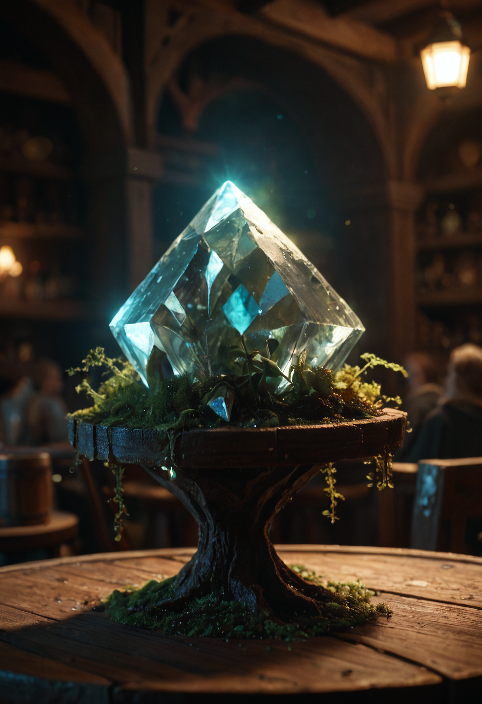 score_9, score_8_up, score_7_up, scene, emerald on a table, tavern, close-up, energy, epic, moss, crystal, purple and blue theme, dark fantasy, low light, depth of field, highly detailed, high contrast, film grain, Rim Lighting, Long Exposure, DSLR, Product-View
