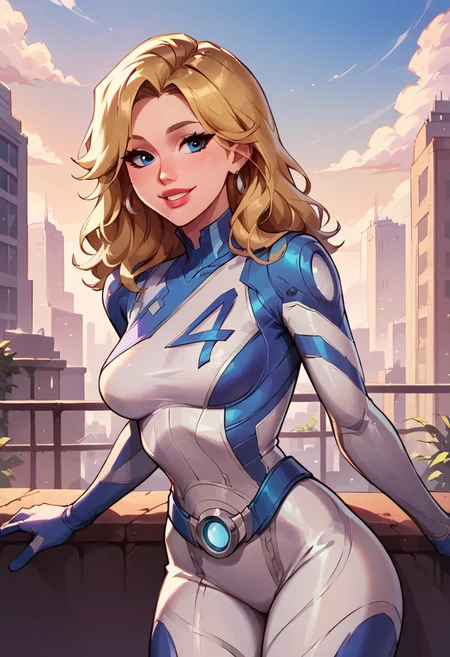 score_9, score_8_up, score_7_up, nsfw, modern, 1girl, SueStormXL, blonde hair, blue eyes, bodysuit, parted lips, smile, city