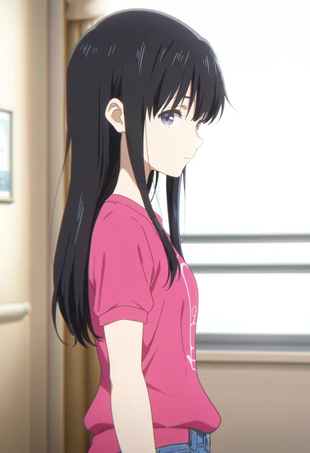<lora:CUeno:1>
absurdres, high quality, masterpiece, very awa, anime screencap, 8k, absurd res
1girl, cueno, long hair, black hair, purple eyes, detailed face,
upper body, expressionless, denim, pink shirt, profile, (looking at viewer:1.2),