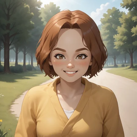 score_9, score_8, BREAK, solo, wii, mii, wii sports, female mii, 1girl, auburn hair, auburn eyebrows, brown eyes, blush, yellow clothing, white pants, shoes, nintendo mii, modern_mii, classic_mii, small breasts, Giulia_(Wii_Sports), cute, sexy pose, smile, outdoors, sunlight, shadows, evening lighting, natural lighting, forest, trees, grass, orange sky, sunset