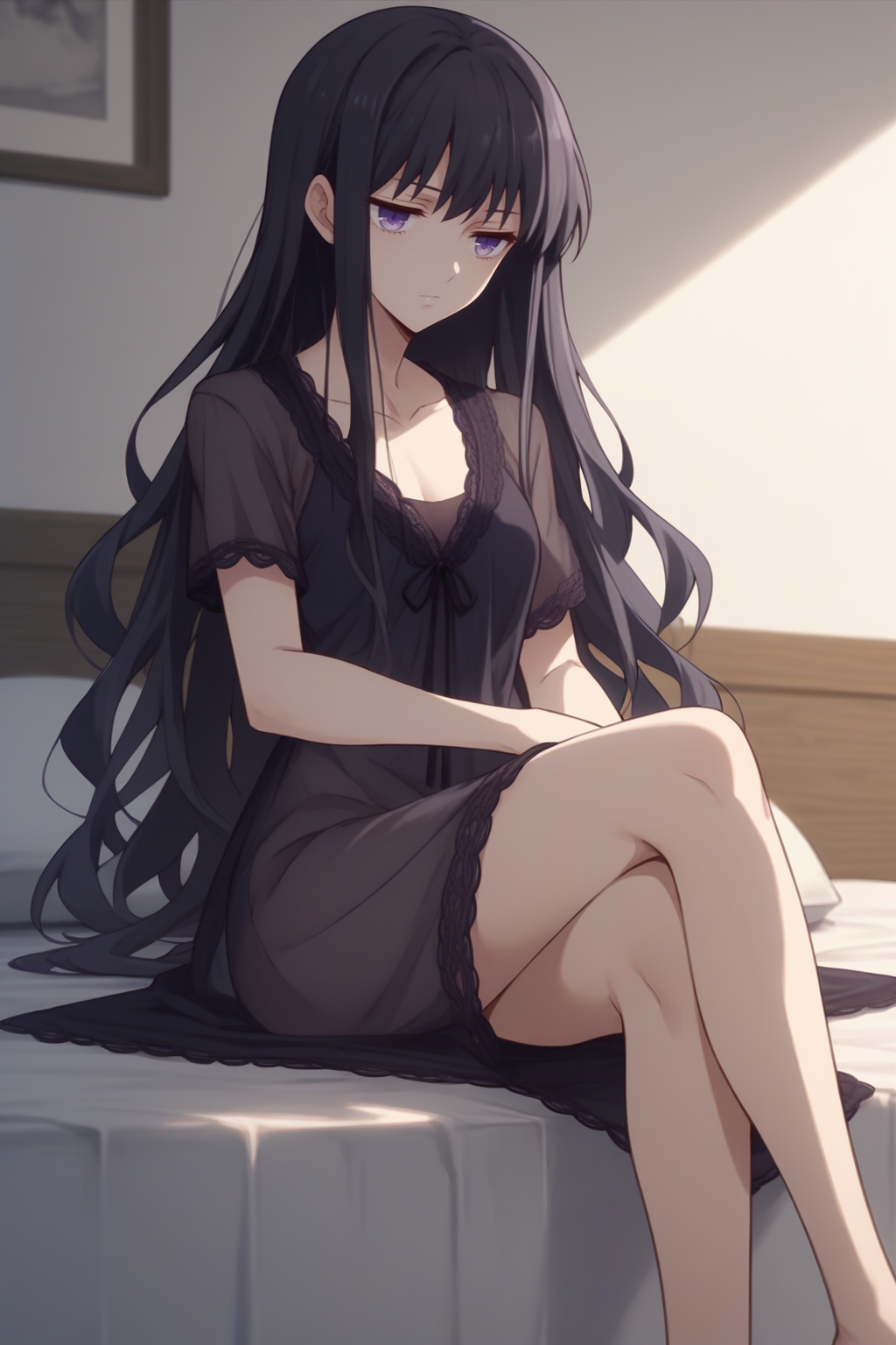 score_9, score_8_up, 1girl, solo, <lora:NSSakiBasket:1> NSSakiDress, black hair, long hair, purple eyes, black nightgown, bed, sitting, crossed legs