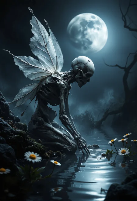 A hauntingly surreal scene of a skeletal fairy kneeling by a still, moonlit pond in a shadowy forest. Her translucent, tattered wings glisten with dripping dew, reflecting the soft, ethereal glow of the full moon above. The skeletal frame, with delicate fingers resting in the water, exudes both fragility and eerie beauty. Surrounding her, wilted daisies and gnarled tree silhouettes fade into the misty, blue-toned darkness, enhancing the atmosphere of sorrow and otherworldly tranquility. The rippling water mirrors the haunting figure, creating a poignant blend of decay and ethereal grace. <lora:- Flux1 - vanta_black_V2.0.safetensors:0.75>, <lora:black_fantasy.safetensors:0.5>, <lora:- Flux1 De-Distilled - temp_haunting_cre_1.0.safetensors:0.5>, <lora:Dark side of light.safetensors:0.55>, <lora:aiai-Glimra-Flux-Dev-v2.safetensors:0.5>,