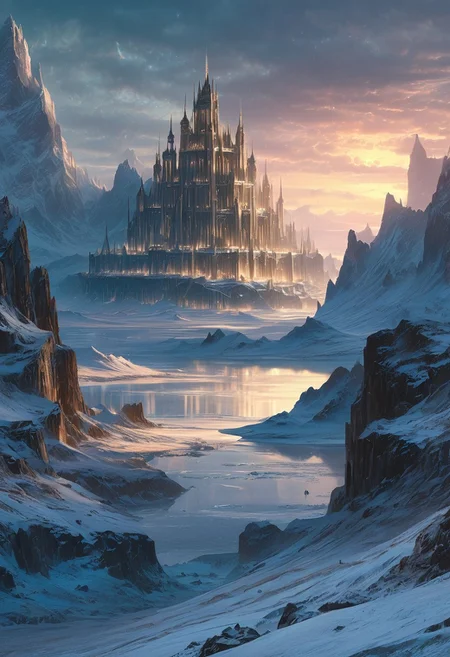 A breathtaking illustration of a vast, frozen tundra at dusk, where an enormous, Norse Viking Fortress rises from the snow-covered plains. The fortress' towers and spires are made of dark solid wood and shimmering ice, reflecting the last light of the setting sun. The surrounding landscape is a sea of white, with towering ice formations and snow-covered peaks in the distance. A frozen river winds its way through the tundra, leading to the palace gates. The sky is a deep, icy blue, with the northern lights beginning to dance across the horizon, casting a surreal, ethereal glow over the scene. This majestic artwork captures the cold, otherworldly beauty of a frozen kingdom, bathed in the soft light of dusk. creating a cinematic experience., illustration, cinematic