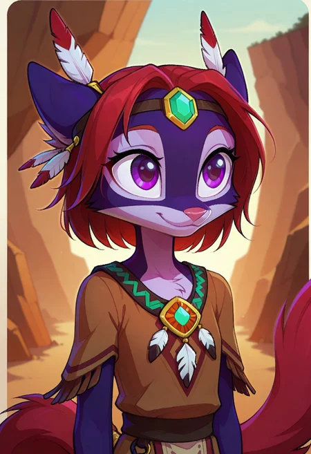 Dreamkeepers,Indi_and_Digo,1girl,solo,furry,tail,source_furry,,red hair,purple fur, purple eyes,
kid, child,
Western Comics, Portrait, native american,cute, innocent, light smile:0.3, adorned with traditional regalia and feathers, Canyon background, dynamic angle detailed Native American tribal dress, depth of field, dynamic angle, fashion photography, sharp, hyperdetailed:1.15